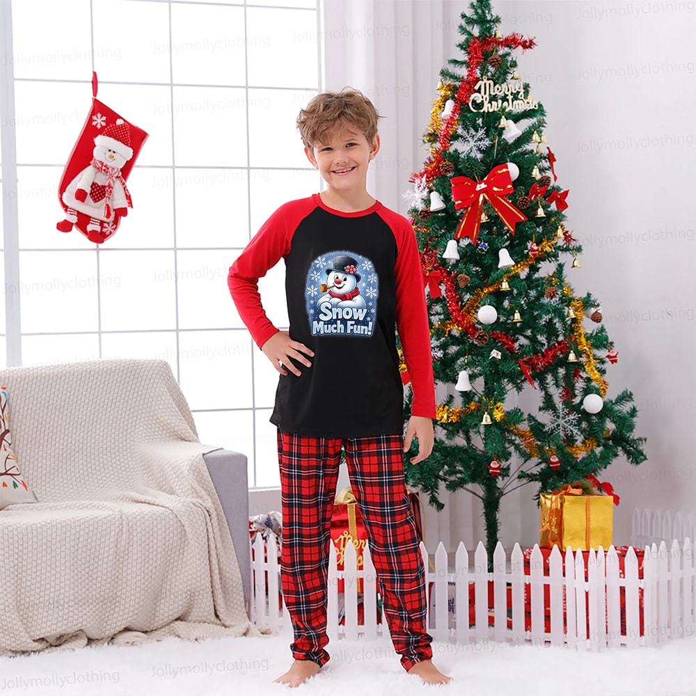 Snow Much Fun Snowman Red Plaid Family Christmas PJs