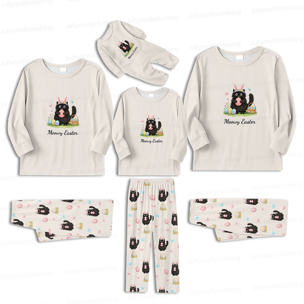 Meowy Easter Matching Family and Dog Pajamas Cream Long Sleeve Set