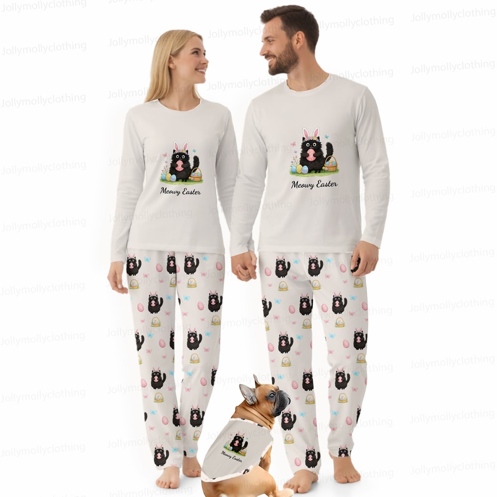 Meowy Easter Matching Family and Dog Pajamas Cream Long Sleeve Set