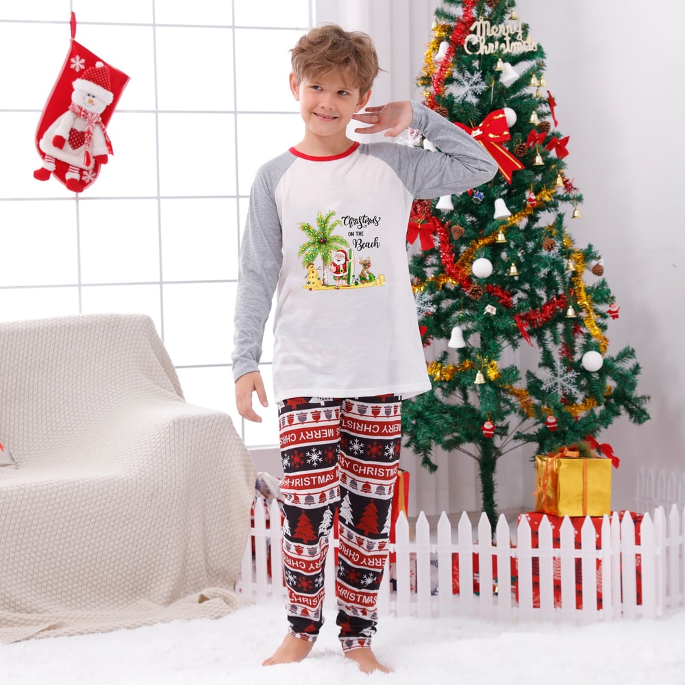 Tropical Christmas on the Beach Family Pajamas Grey Sleeve Matching Holiday Set