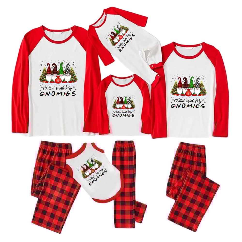 Chillin With My Gnomies Christmas Family Matching Pajamas Red Buffalo Plaid