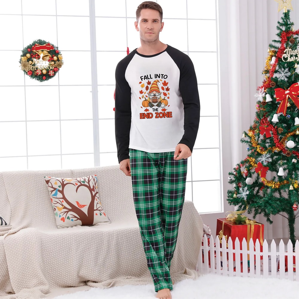 Green Plaid Fall Into End Zone Football Thanksgiving Family Matching Pajamas