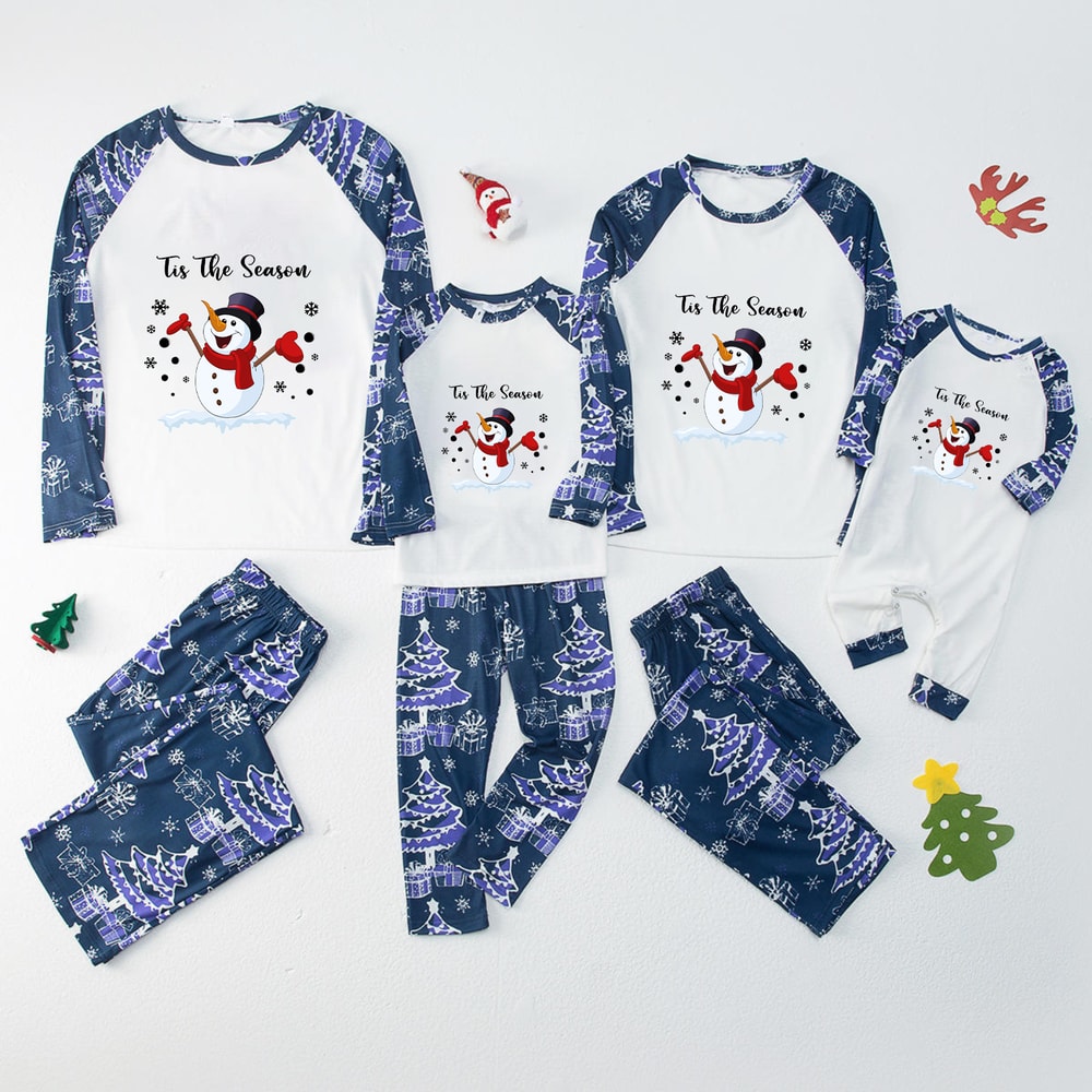 Family Matching Christmas Pajamas Tis The Season Snowman Navy