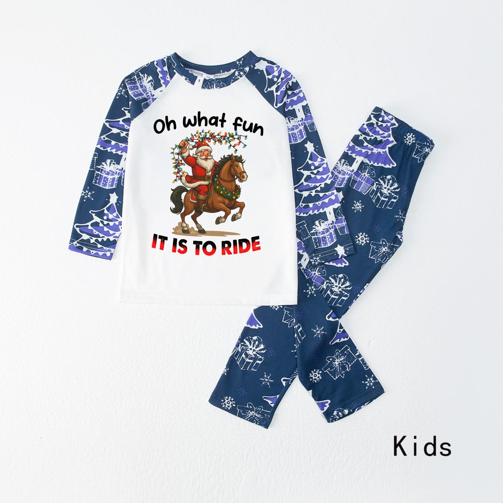 Oh What Fun It Is To Ride Family Christmas Pajamas Blue Tree Design