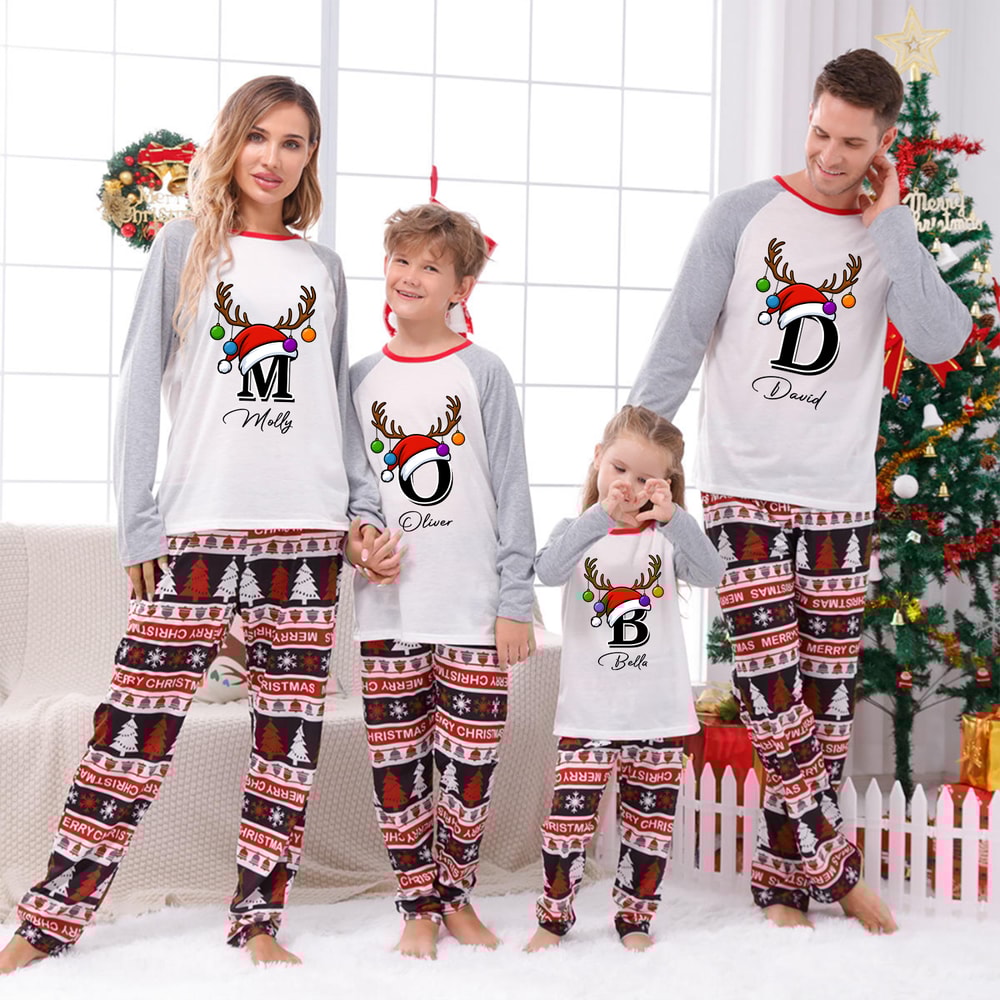 Gray Monogrammed Name Christmas Family Pajamas Merry Christmas Print