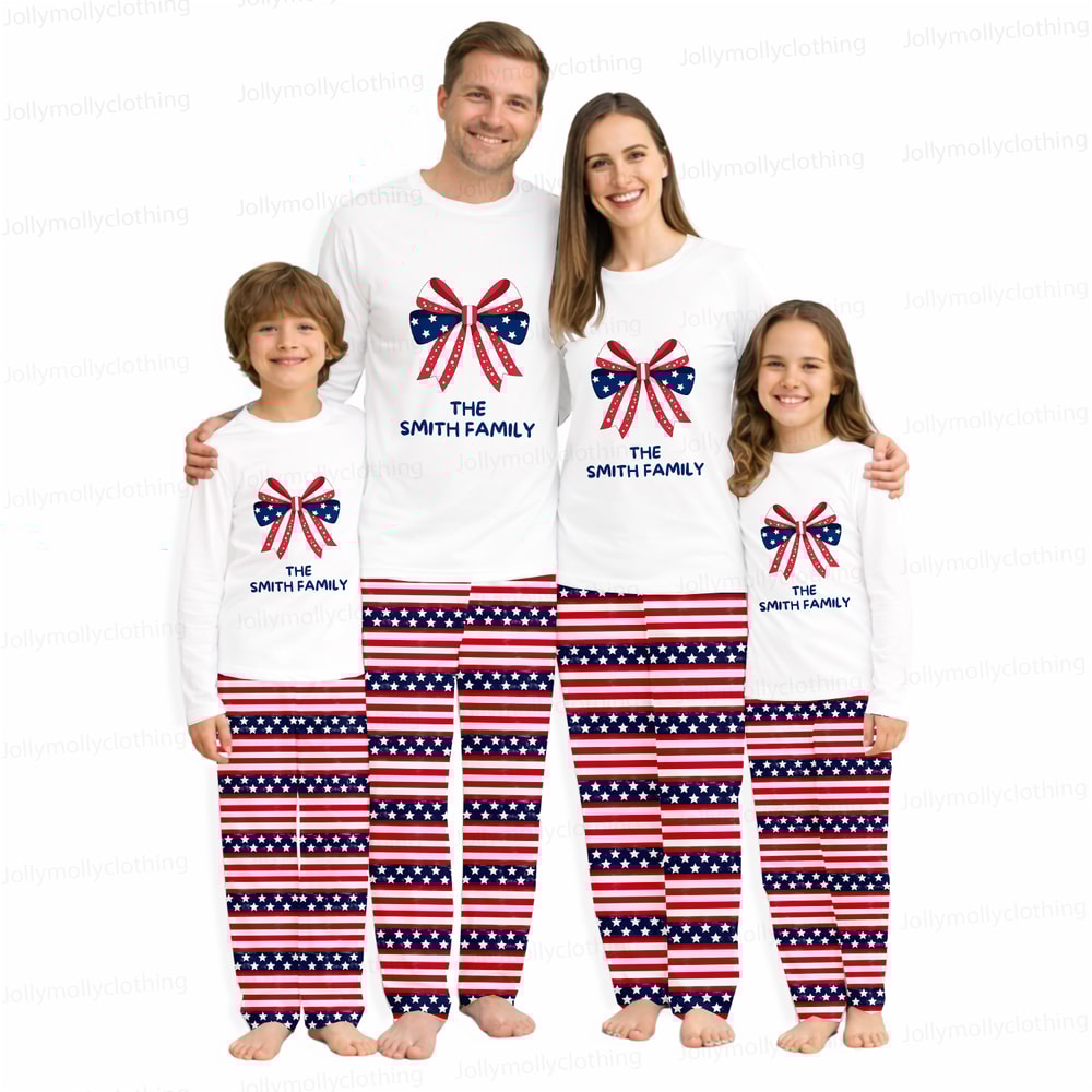 Personalized Patriotic Bow Matching Family Pajamas Custom Family Name Set