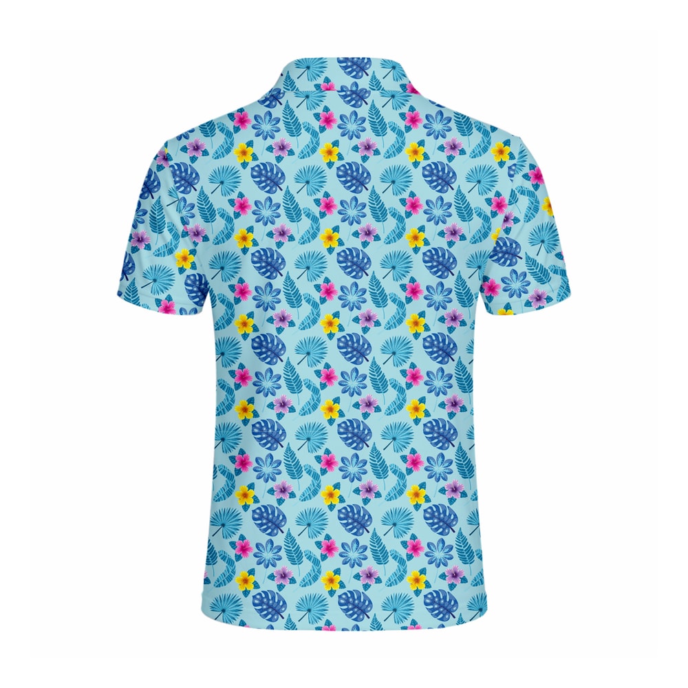 Men’s Hawaiian Polo Shirt Blue Tropical Floral Leaf Print Short Sleeve