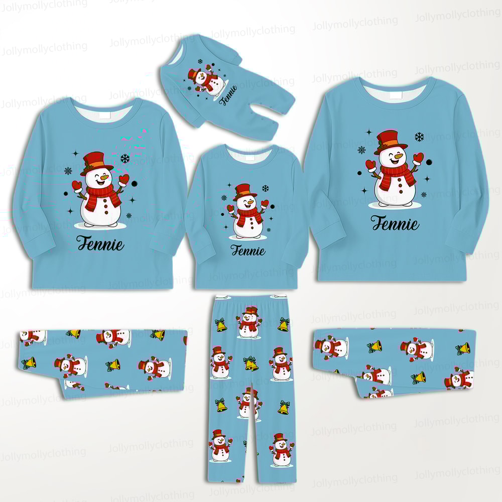 Personalized Blue Snowman Family Christmas Pajama Set with Pet Outfit