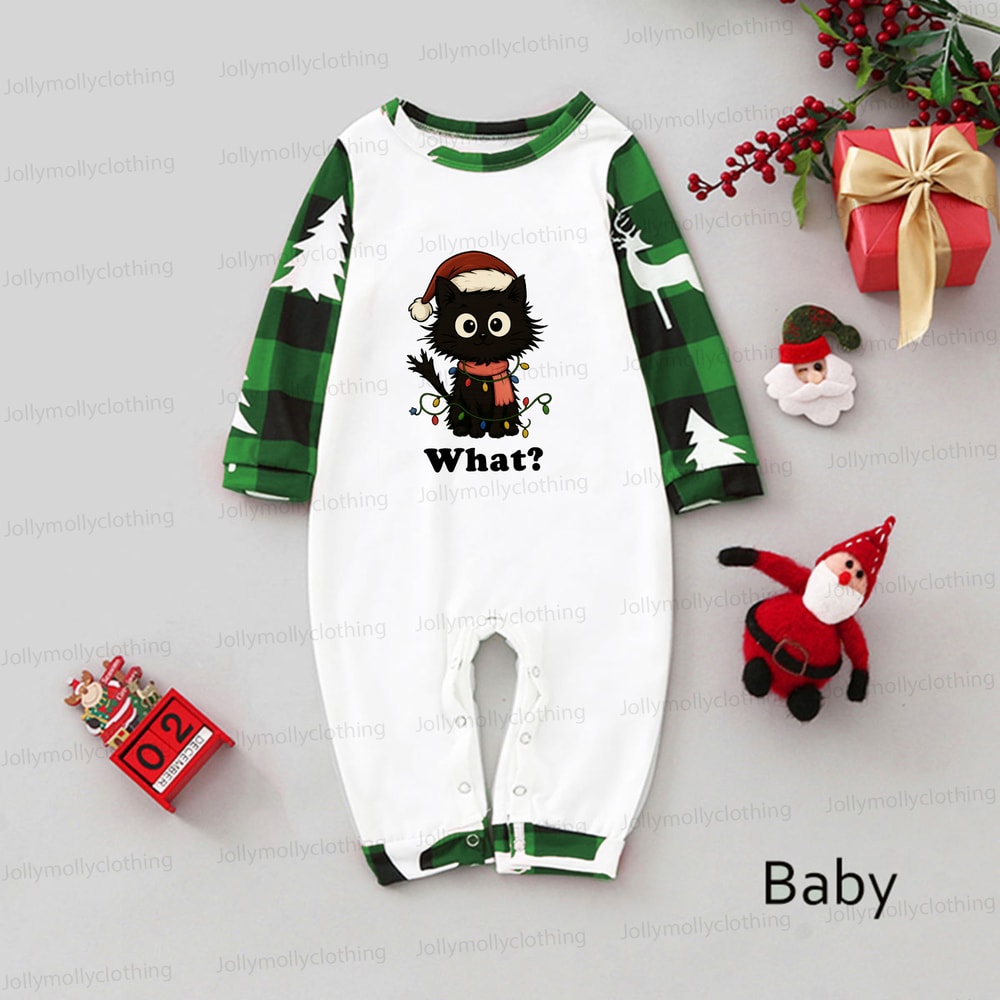 Funny Christmas Cat What? Family Pajamas with Green Reindeer Plaid Pants
