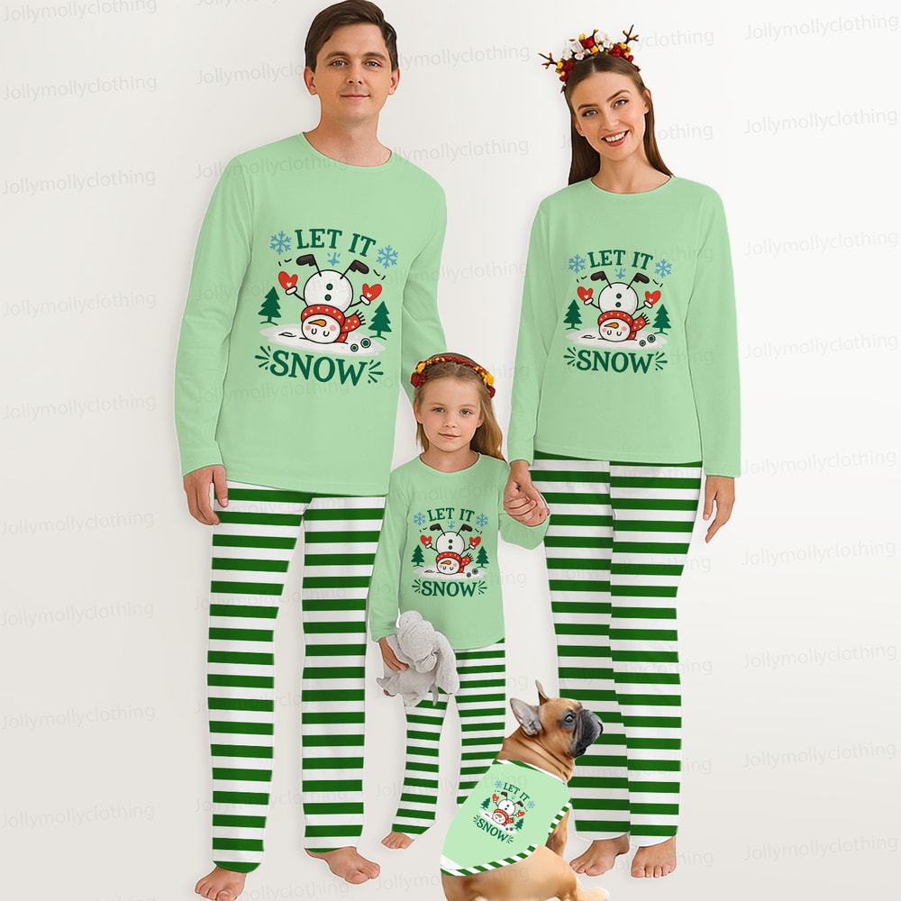 Let It Snow Green Striped Family Christmas Matching Pajamas
