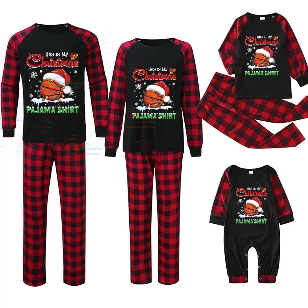Red Plaid Basketball Christmas Pajama Shirt Matching Family PJs Set"