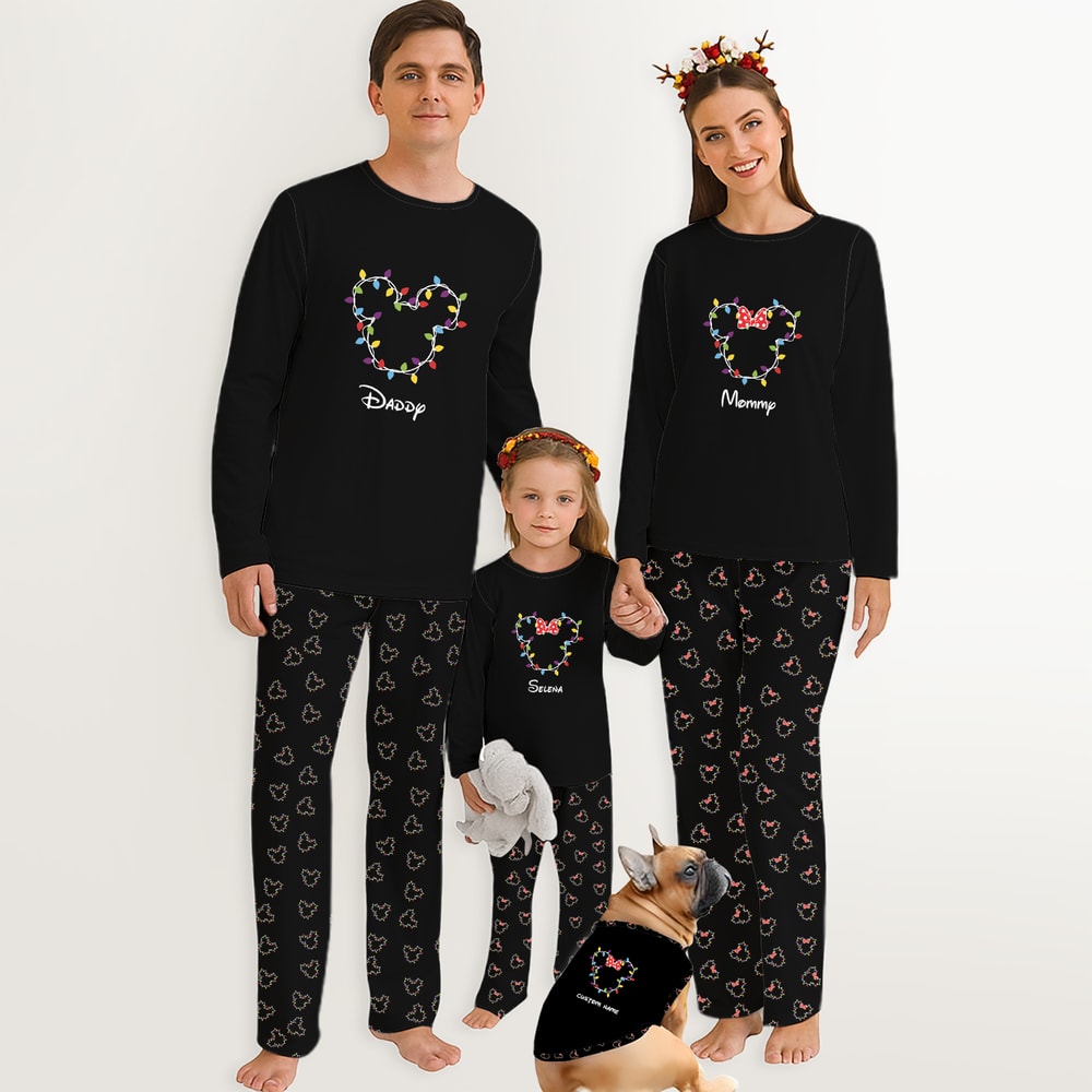 Custom Name Mickey Mouse Family Matching Pajamas Christmas Lights