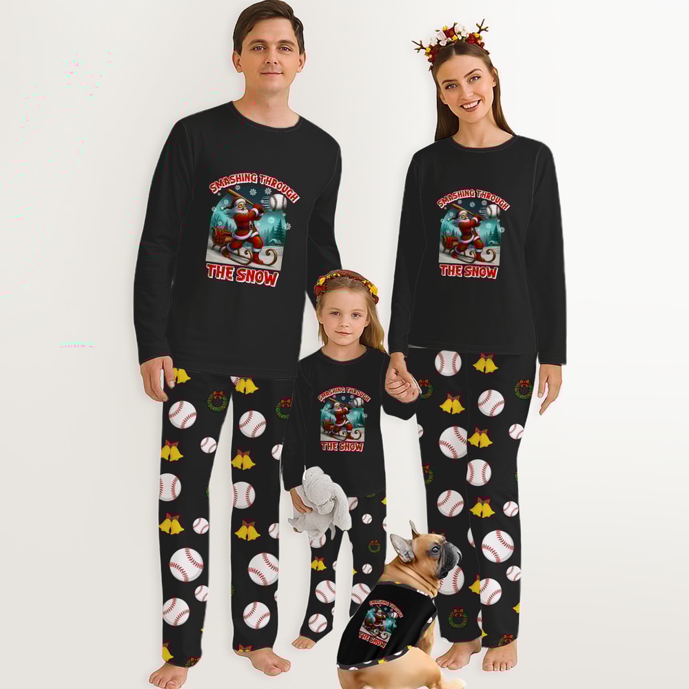 Festive Baseball Family Christmas Pajamas Smashing Through the Snow