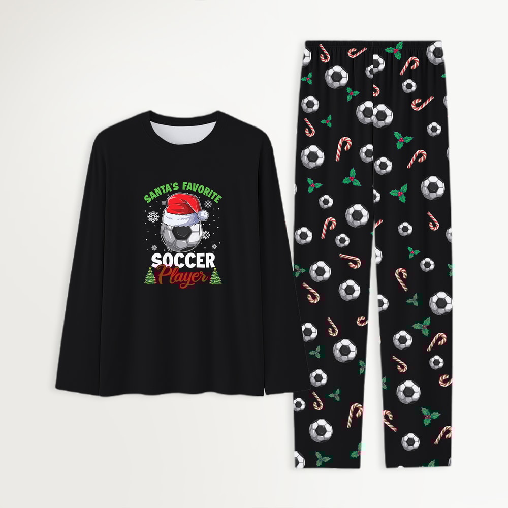 Soccer Christmas Family Pajamas Santa Hat Black Matching Set
