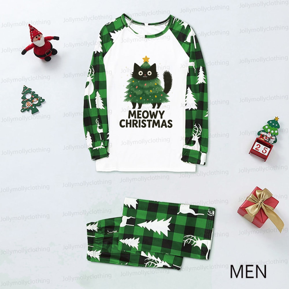 Green Family Christmas Pajama Set Meowy Christmas Cat