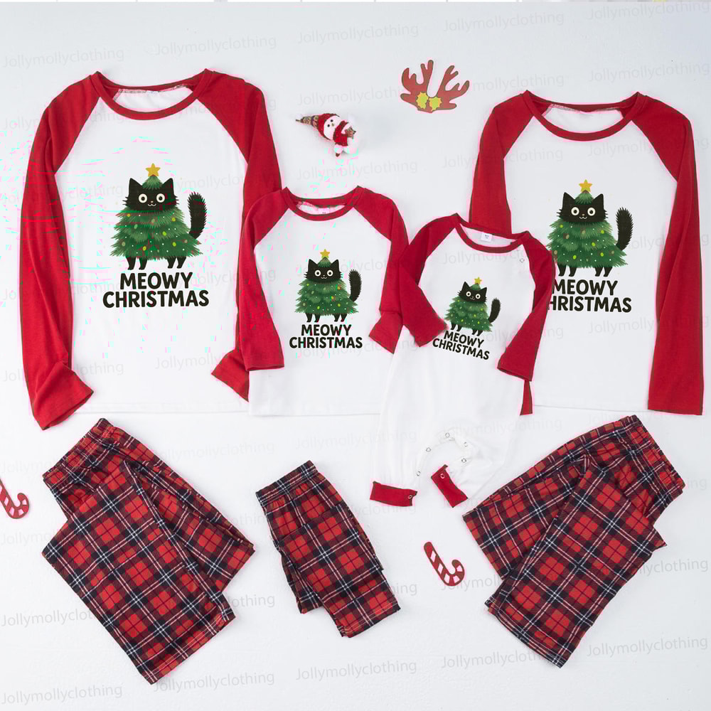 Meowy Christmas Cat Matching Family Pajamas with Red Plaid Pants