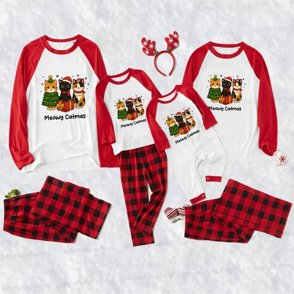 Christmas Cat Squad Matching Family Pajamas in Red Buffalo Plaid