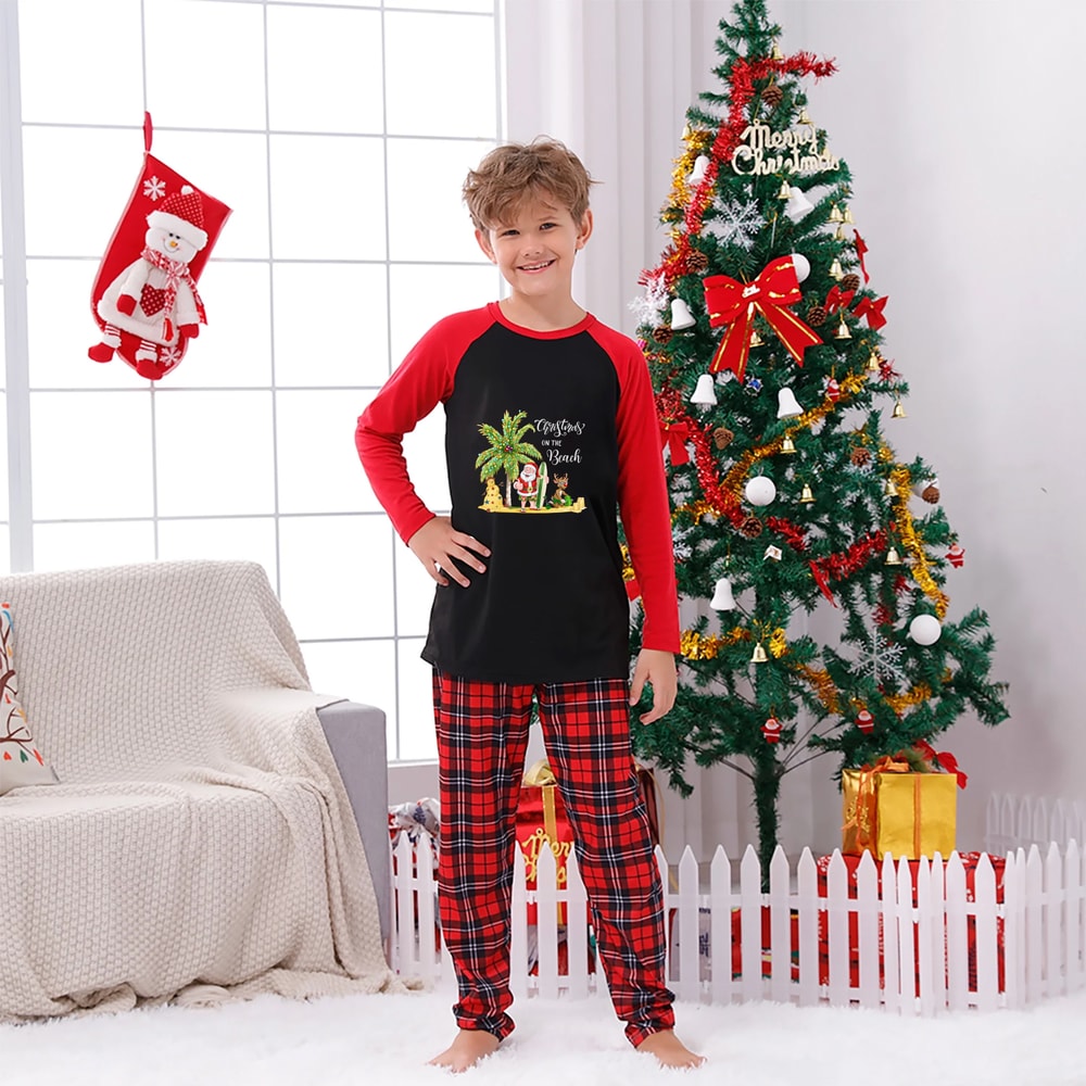Festive Red Plaid Family Christmas PJs Tropical Santa Beach Design