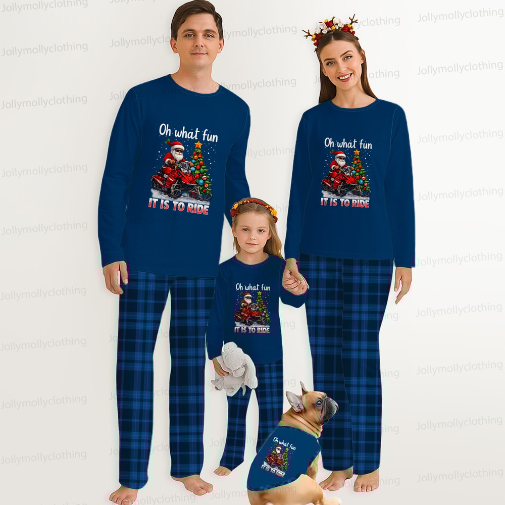 Santa on a Motorcycle Blue Family Matching Christmas Pajamas with Dog Outfit