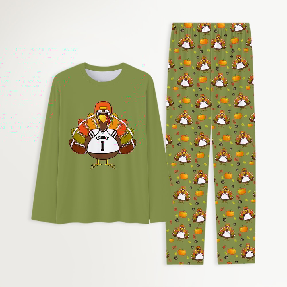 Football Turkey Thanksgiving Family Matching Pajamas Green Pumpkin