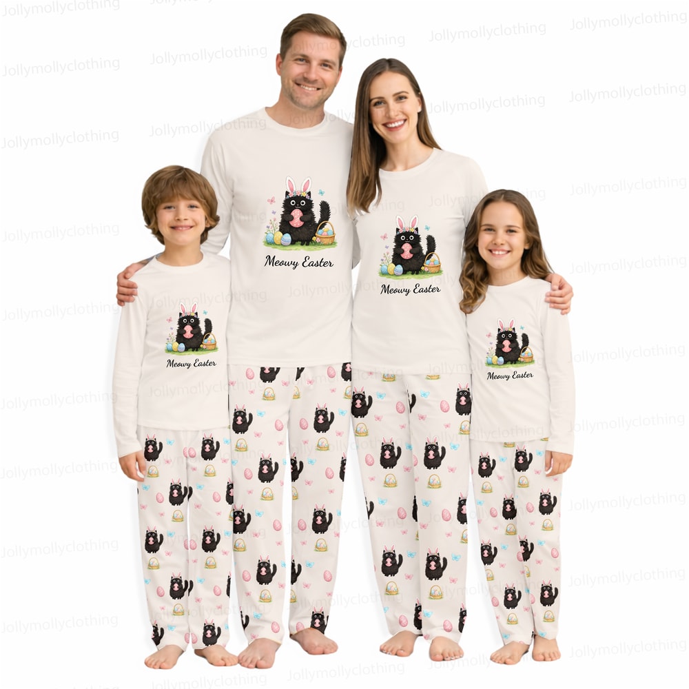 Meowy Easter Matching Family and Dog Pajamas Cream Long Sleeve Set