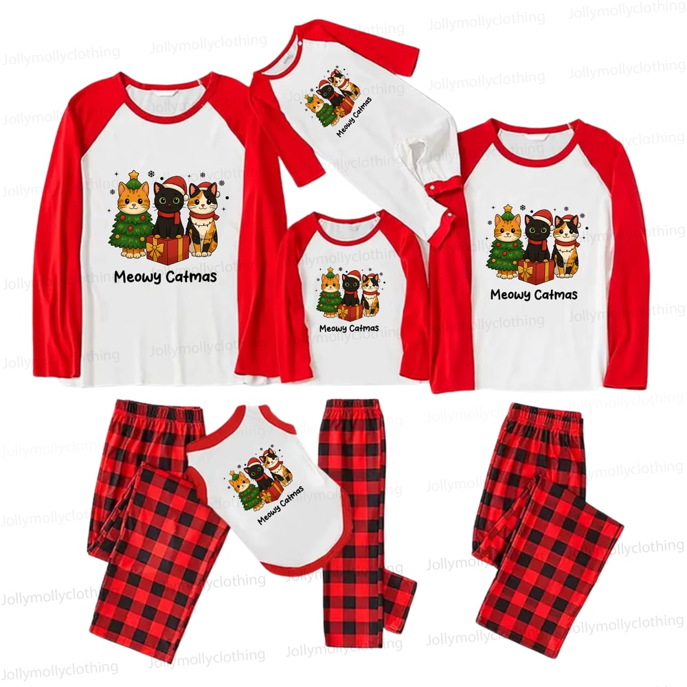 Christmas Cat Squad Matching Family Pajamas in Red Buffalo Plaid
