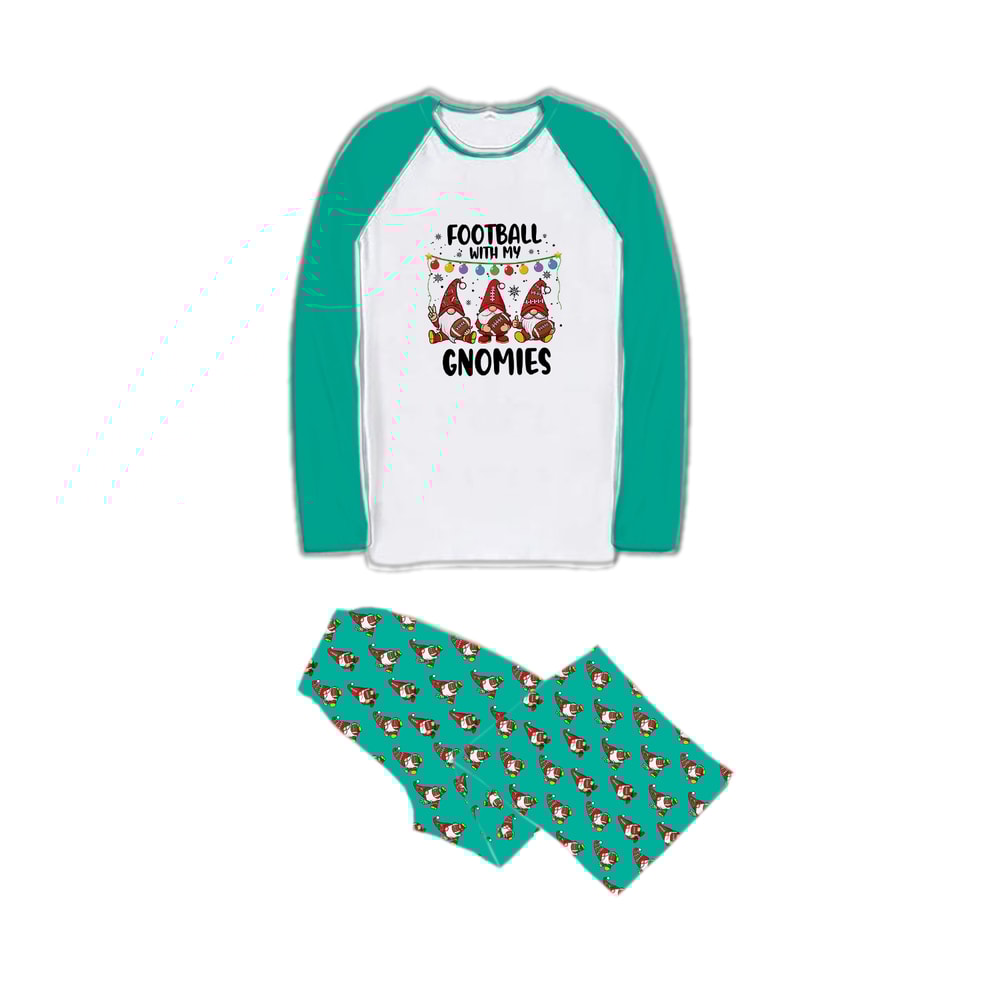 Football Gnomies Christmas Family PJs Teal White Raglan Gnome Print