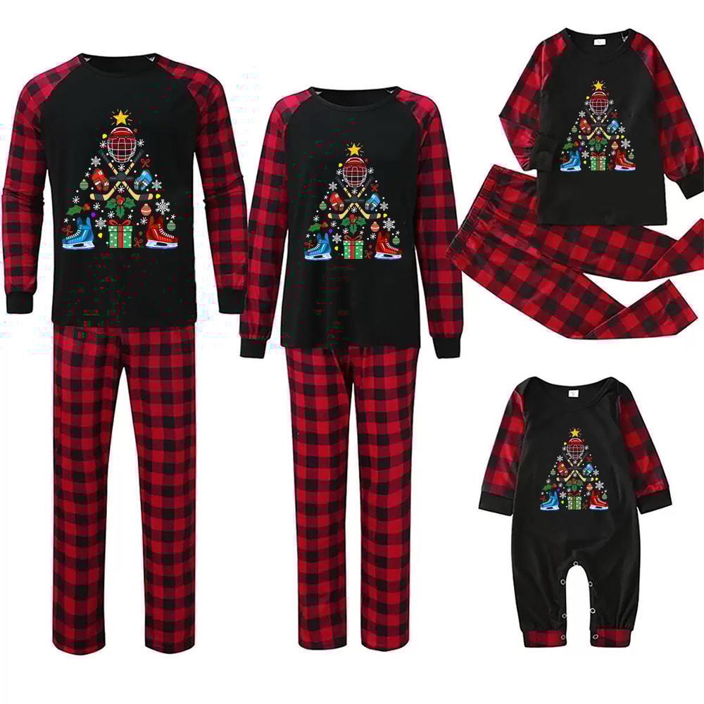 Hockey Equipment Christmas Tree Family Matching Pajamas Red Plaid