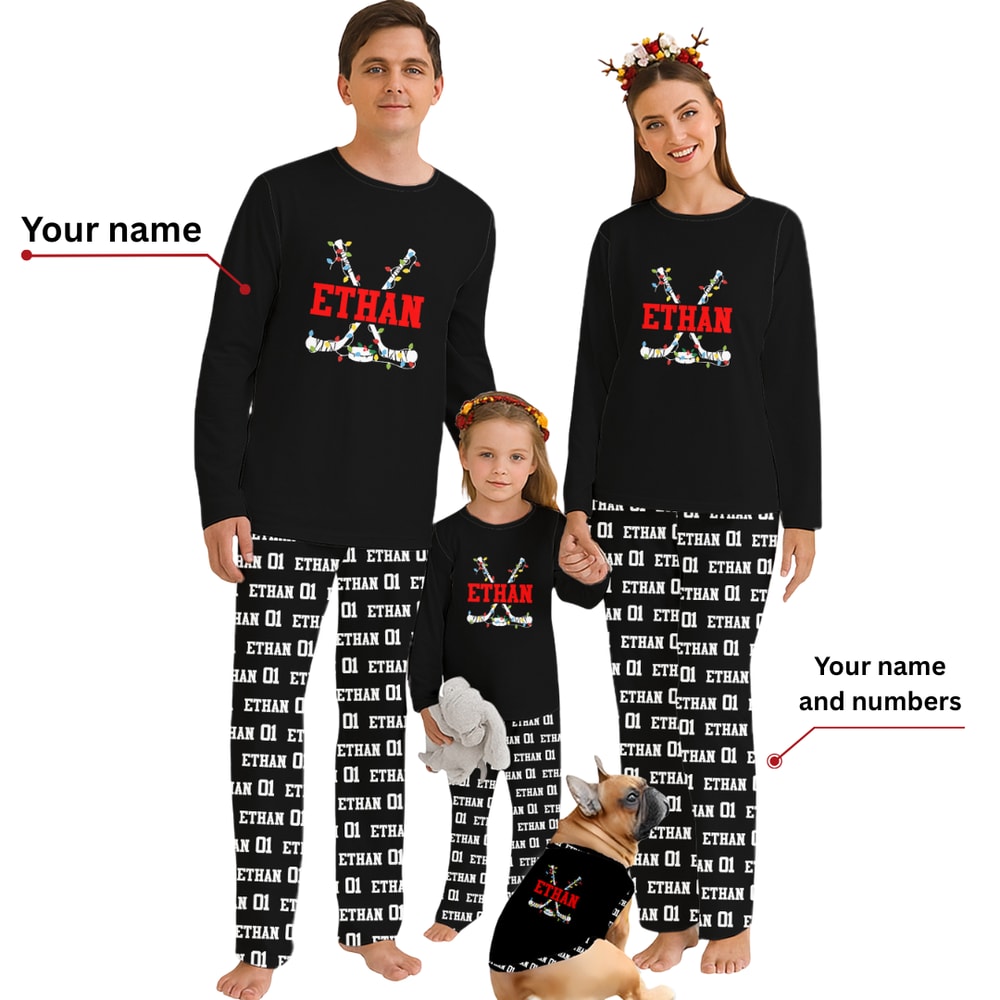 Custom Name and Number Hockey Family Matching Christmas Pajamas