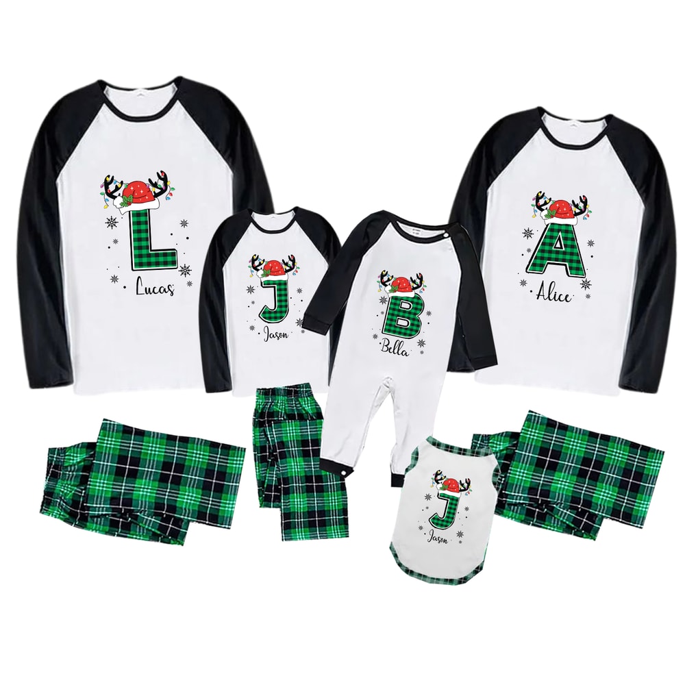 Custom Letter Christmas Green Plaid Family Matching Pajamas