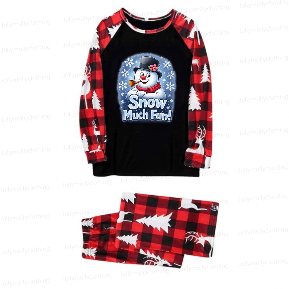 Snow Much Fun Snowman Matching Family Christmas Pajama Set Red Plaid