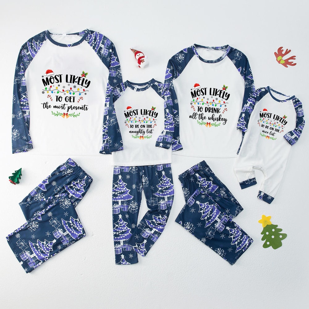 Funny Most Likely Christmas Pajamas Navy Blue Tree Pattern Set