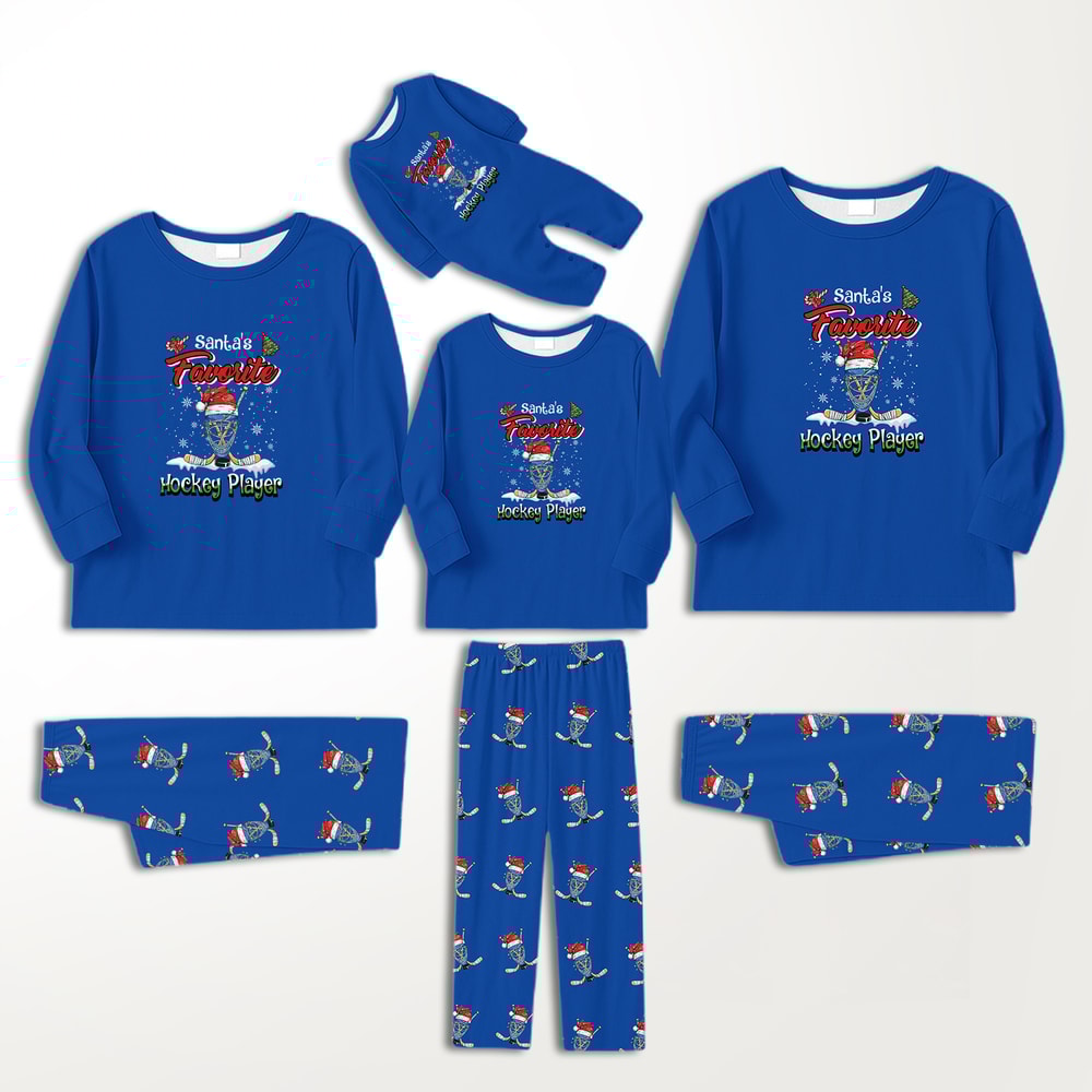 Santa’s Favorite Hockey Player Family Matching Christmas Pajamas Blue Set