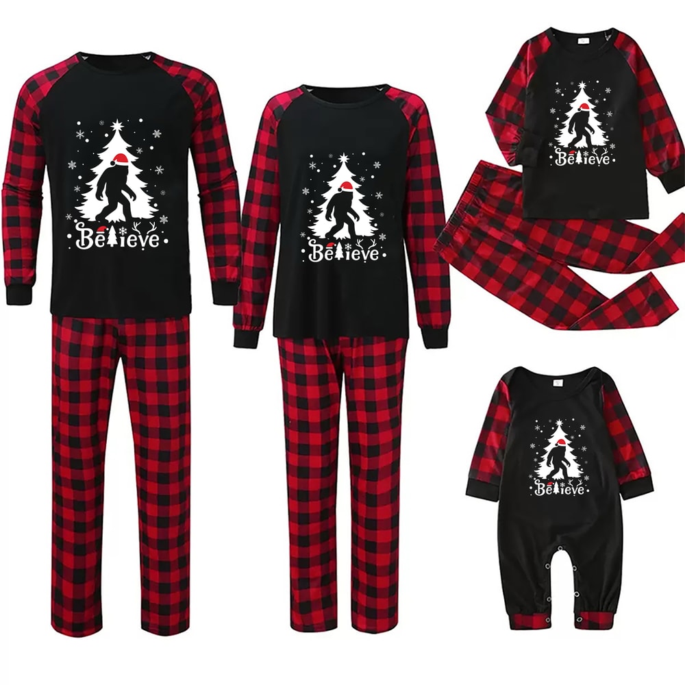 Bigfoot Believe Family Matching Christmas Pajamas Red Buffalo Plaid Set