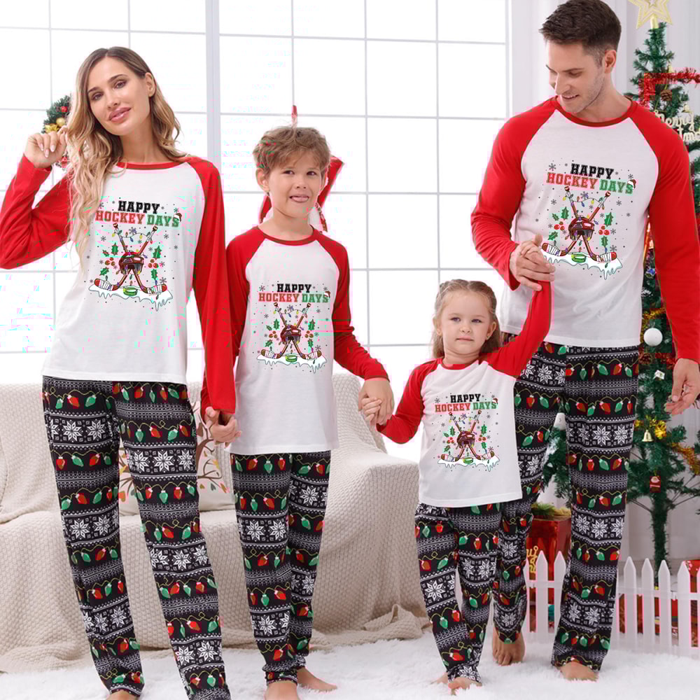 Happy Hockey Days Christmas Family Pajamas Festive Print