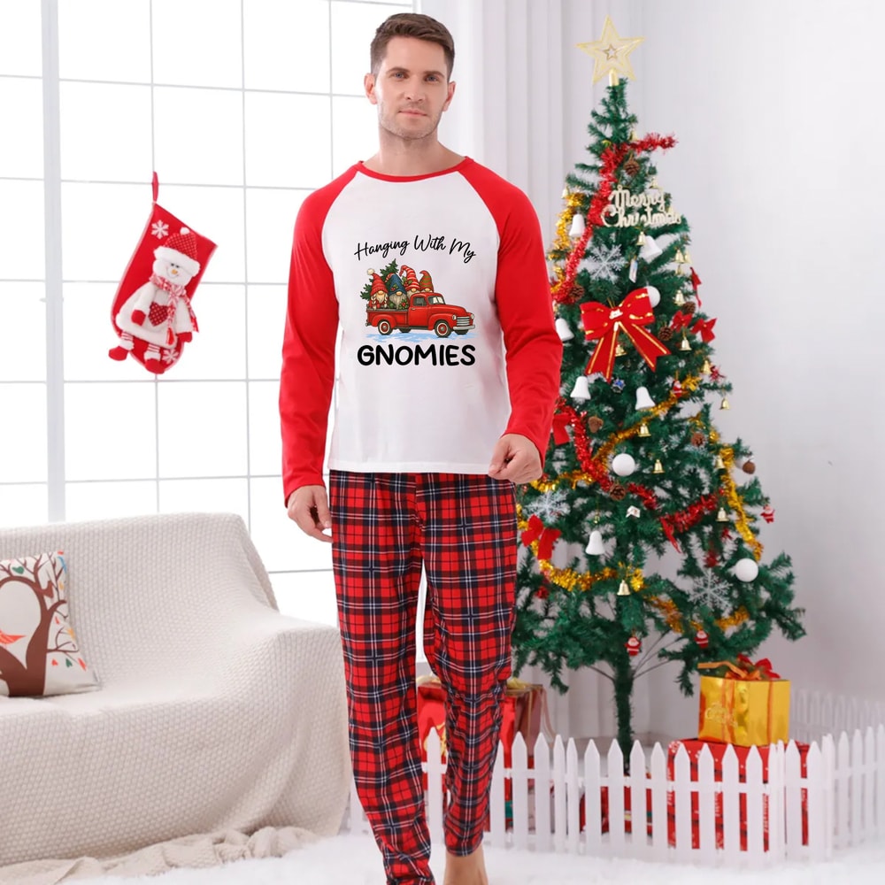 Christmas Red Truck Gnomes Matching Family Pajamas Plaid
