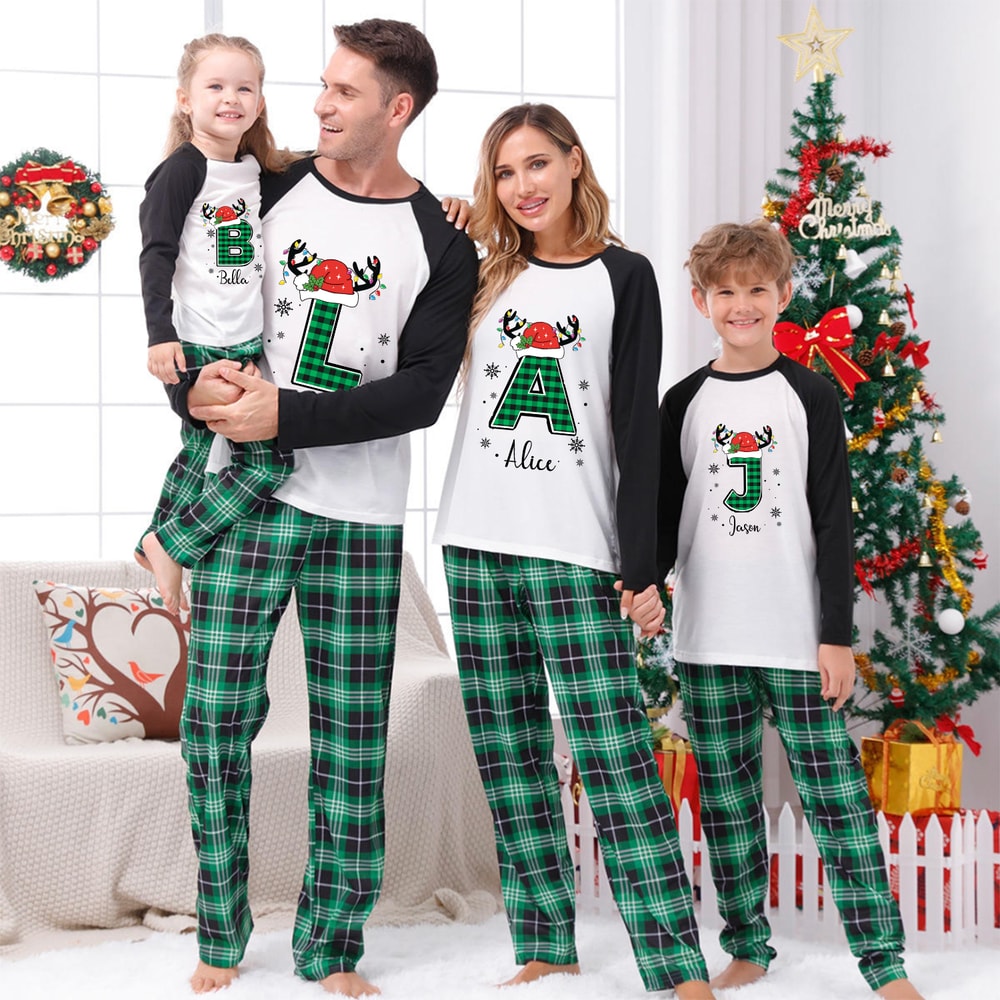 Custom Letter Christmas Green Plaid Family Matching Pajamas