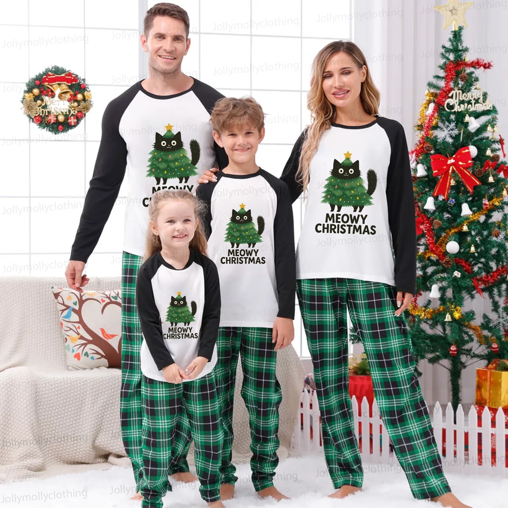 Green Plaid Meowy Christmas Cat Family Pajama Set