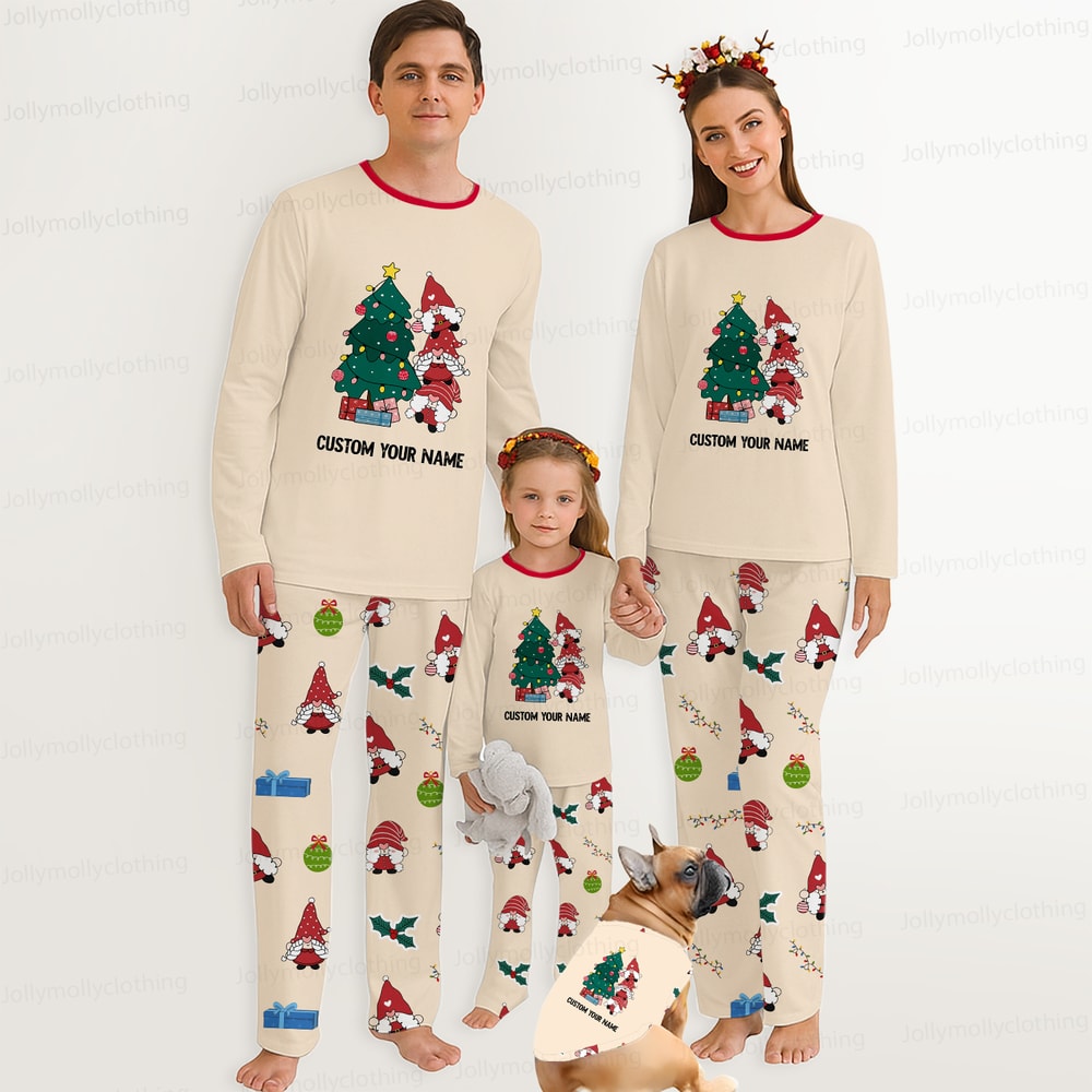 Custom Name Matching Family Christmas Pajama Set with Holiday Gnome
