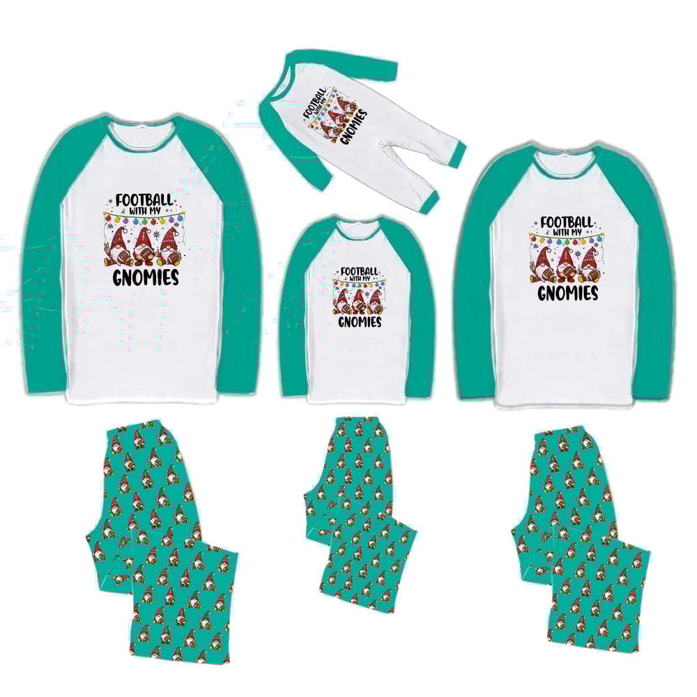Football Gnomies Christmas Family PJs Teal White Raglan Gnome Print