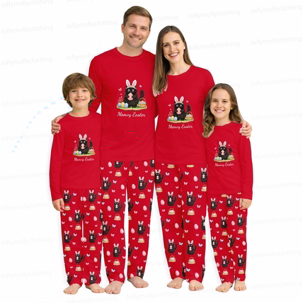 Meowy Easter Matching Family Pajamas Red Long Sleeve Set