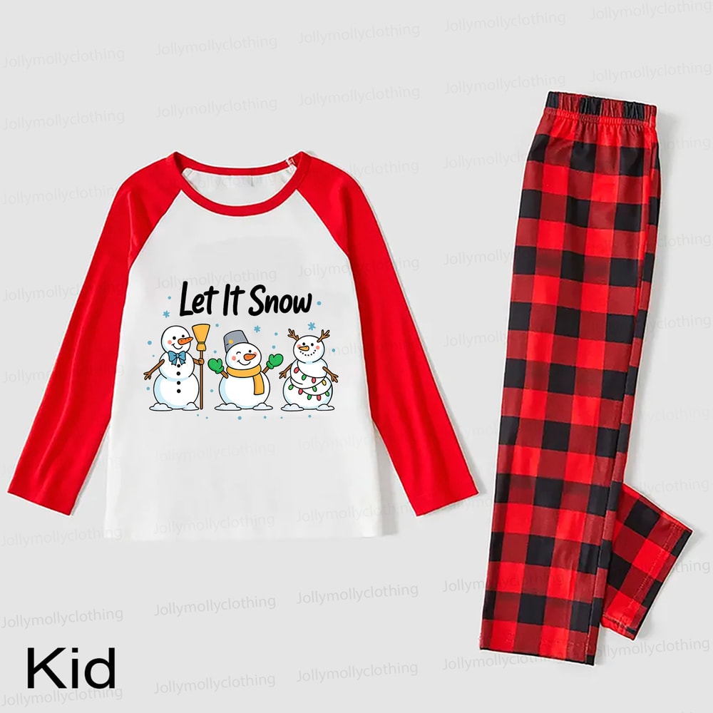 Let It Snow Snowmen Festive Family Pajamas with Classic Red Plaid Pants