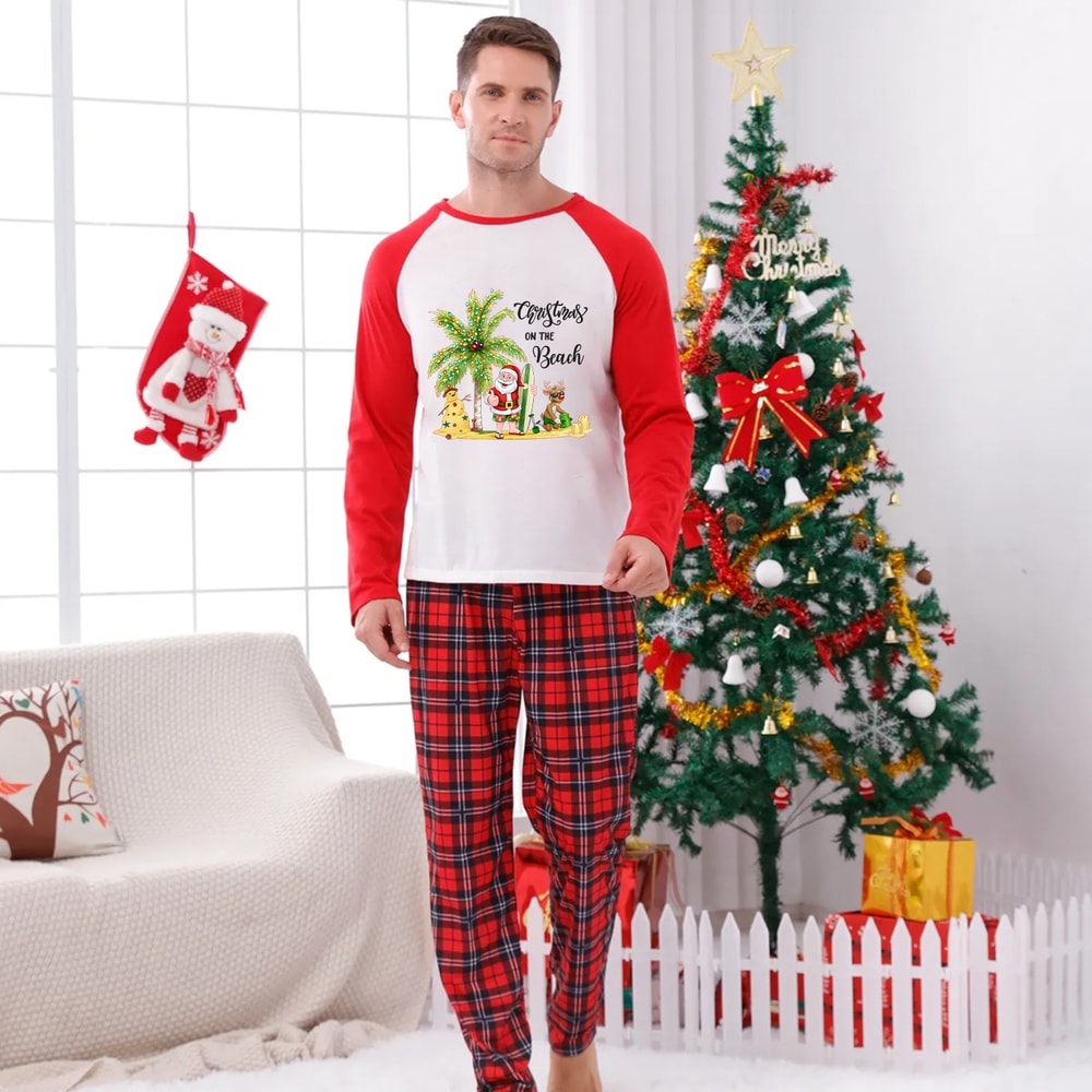 Christmas on the Beach Matching Family Pajamas Red Plaid Holiday Sleepwear Set