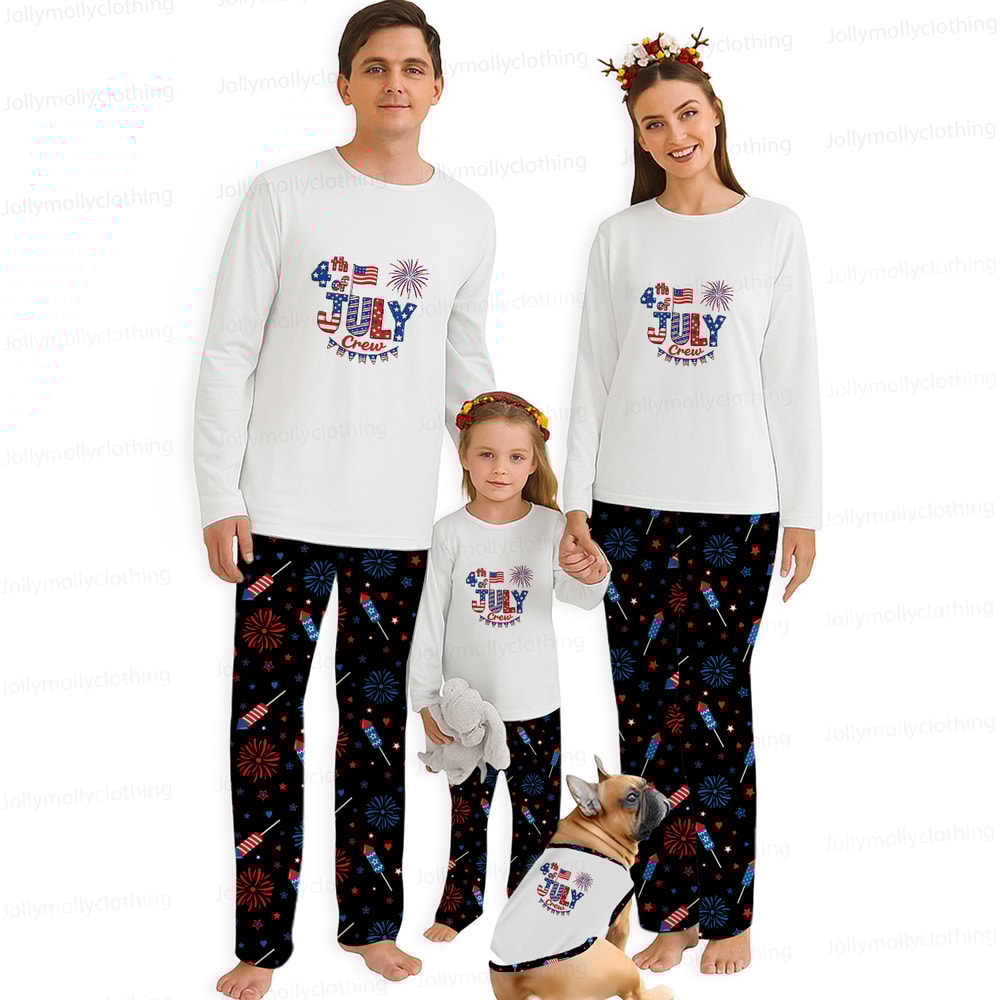 Fourth of July Crew Matching Family Pajamas White Top Black Fireworks Pants