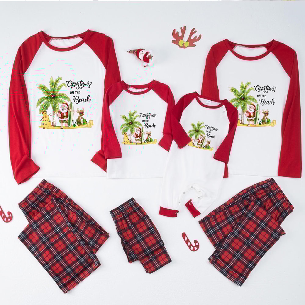 Christmas on the Beach Matching Family Pajamas Red Plaid Holiday Sleepwear Set