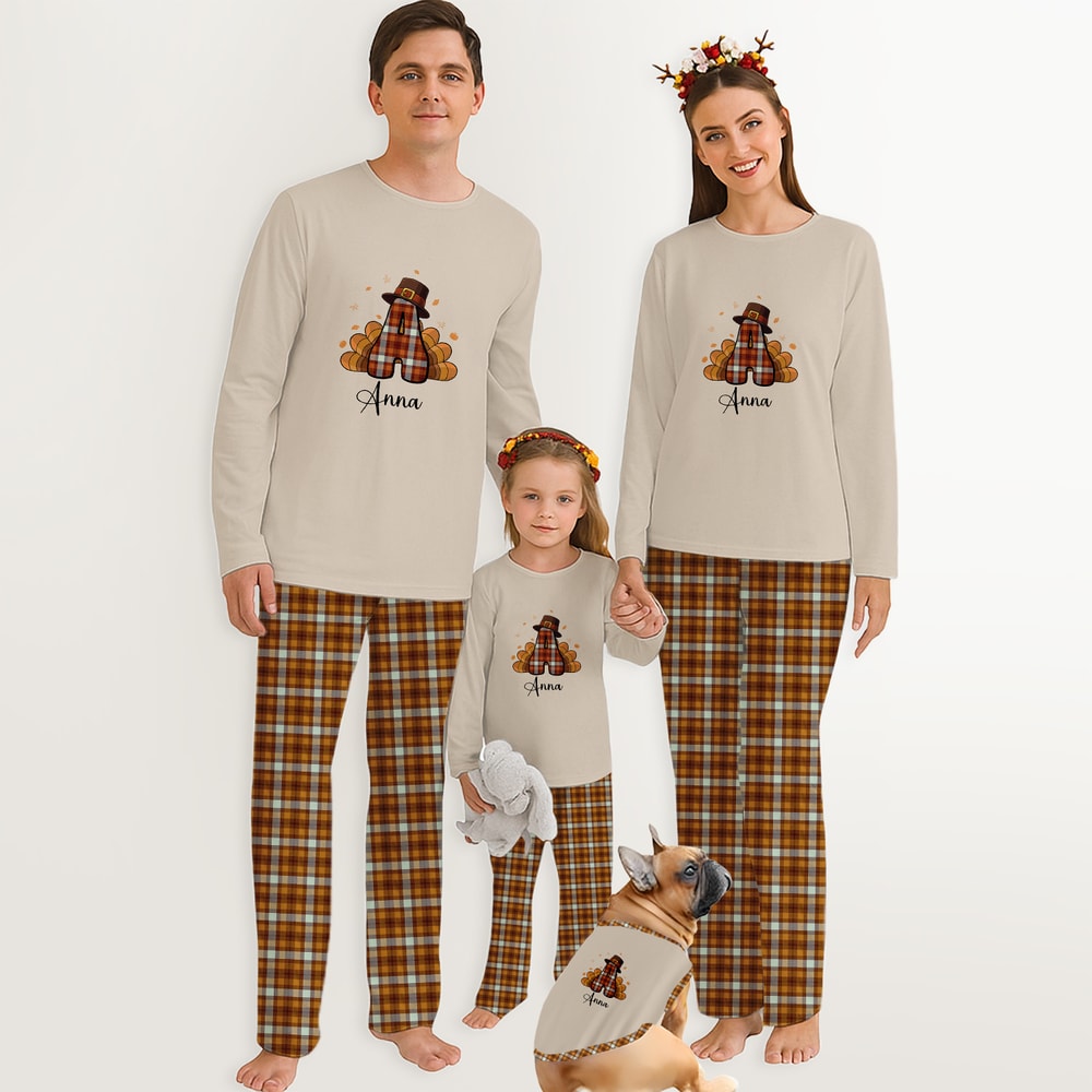Personalized Monogram Turkey Family Matching Thanksgiving Pajamas