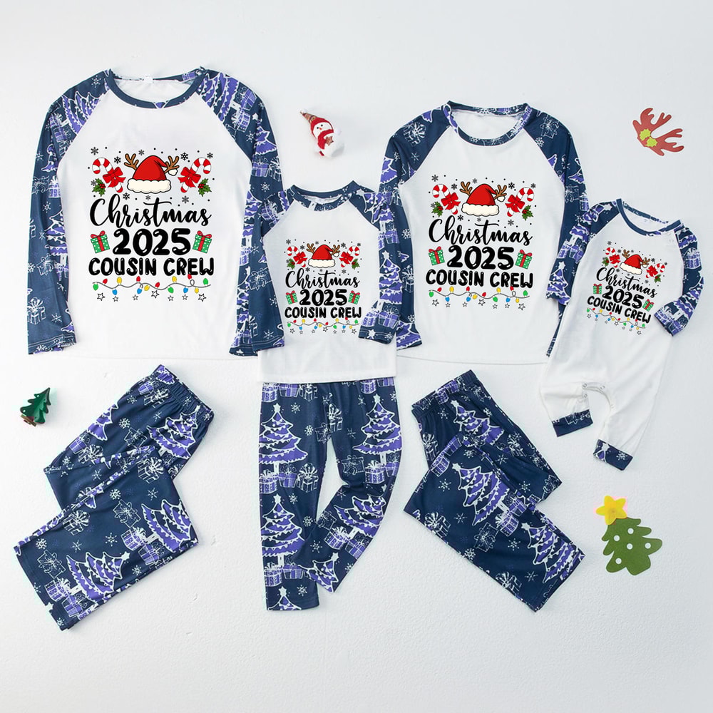 Family Holiday Sleepwear 2025 Blue and White Christmas Tree Pattern