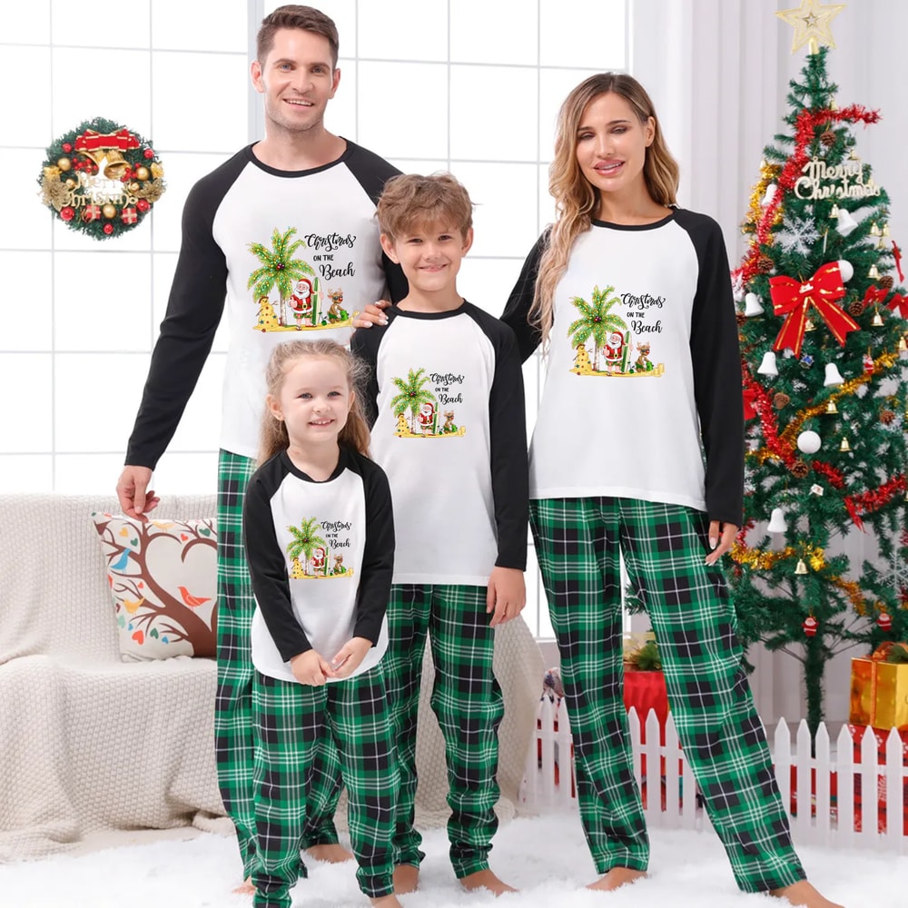 Festive Green Plaid Family Christmas PJs Tropical Santa Beach Design