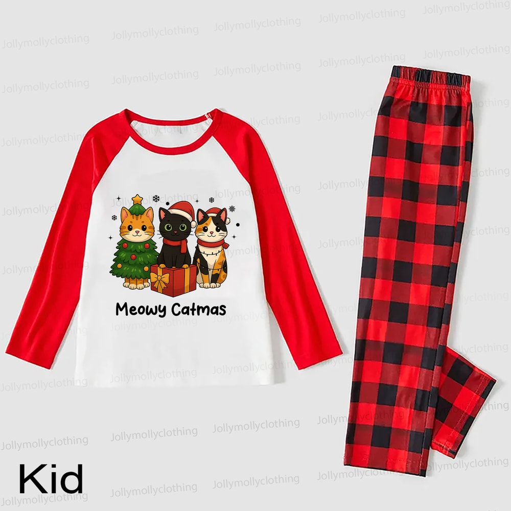 Christmas Cat Squad Matching Family Pajamas in Red Buffalo Plaid