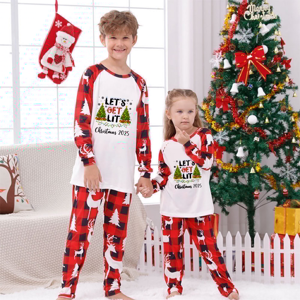 Let's Get Lit Christmas Red Buffalo Plaid Family Matching Pajamas
